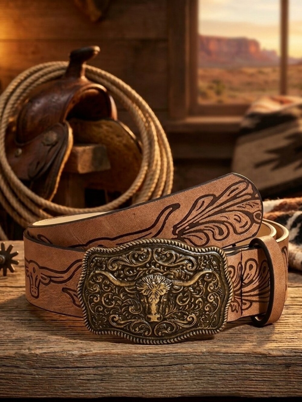 Western Bull Head‎ Buckle Unisex Belt Vintage Embossed Brown PU Leather Belt